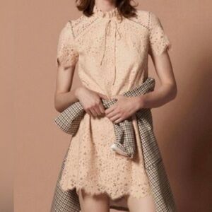 Sandro Peach High Neck Lace Rhinestones Cocktail Mini Dress size 40/ US4